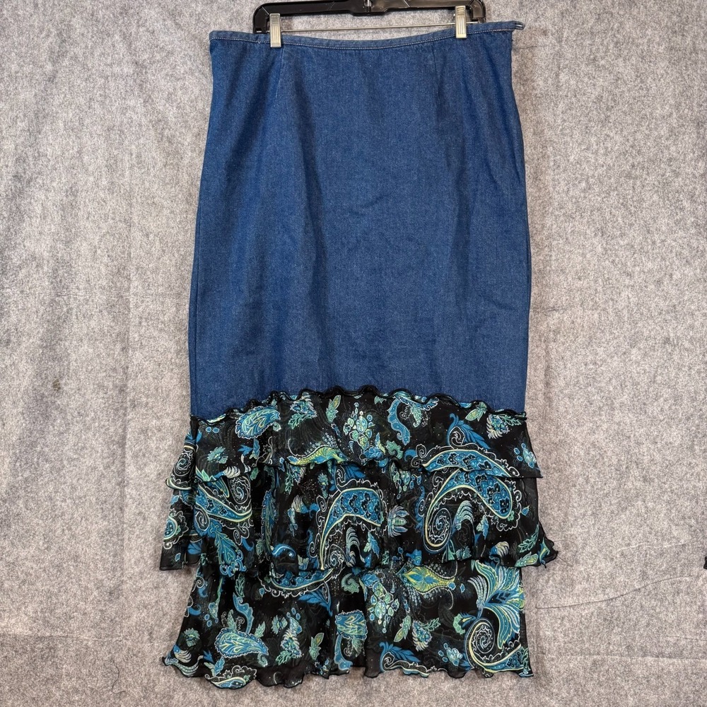 Vtg Denim Skirt Tiered Mixed Media Western Womens 18T Sheer Country Cottagecore